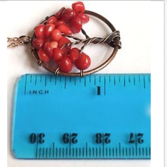 Red Coral Gemstone Chip Tree of Life Necklace 20" Celtic Rose Gold Copper Plated - Picture 8 of 8